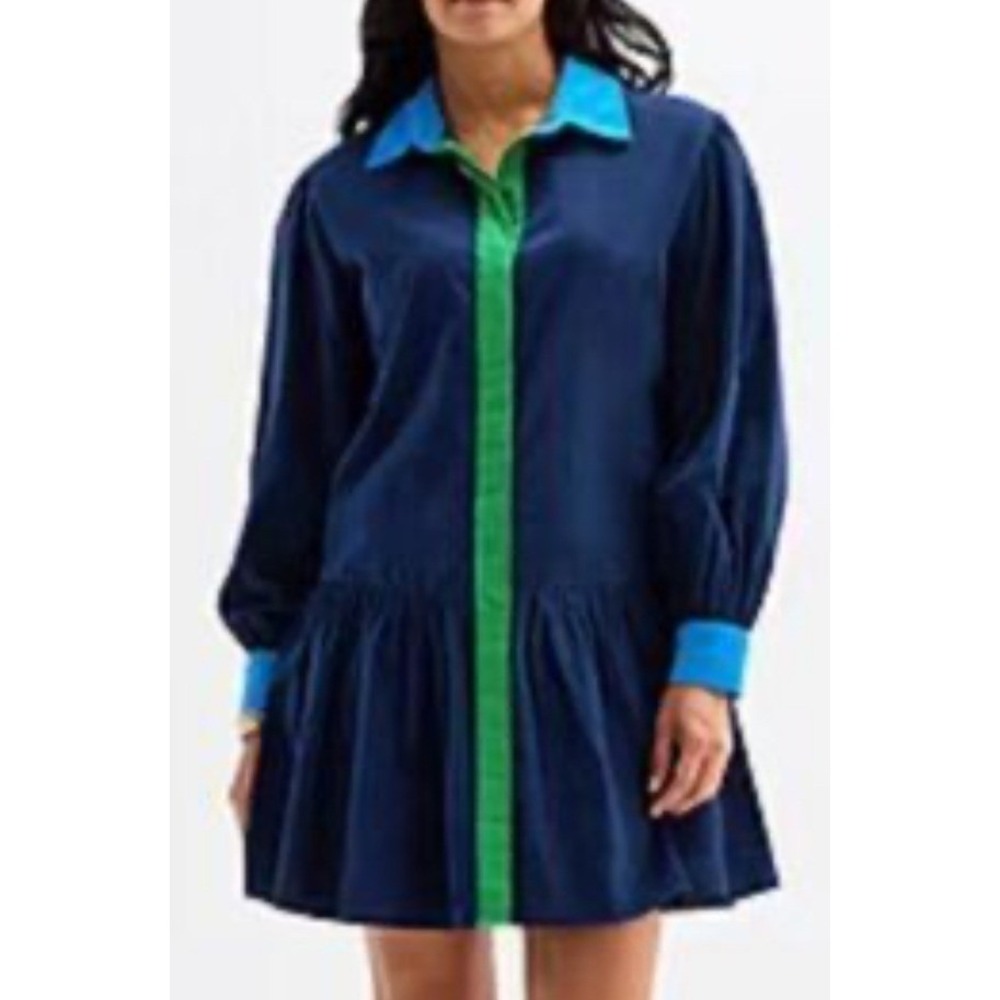 St. John's Bay Navy Blue Green Colorblock Corduroy Tiered Shirt Dress Large NWT